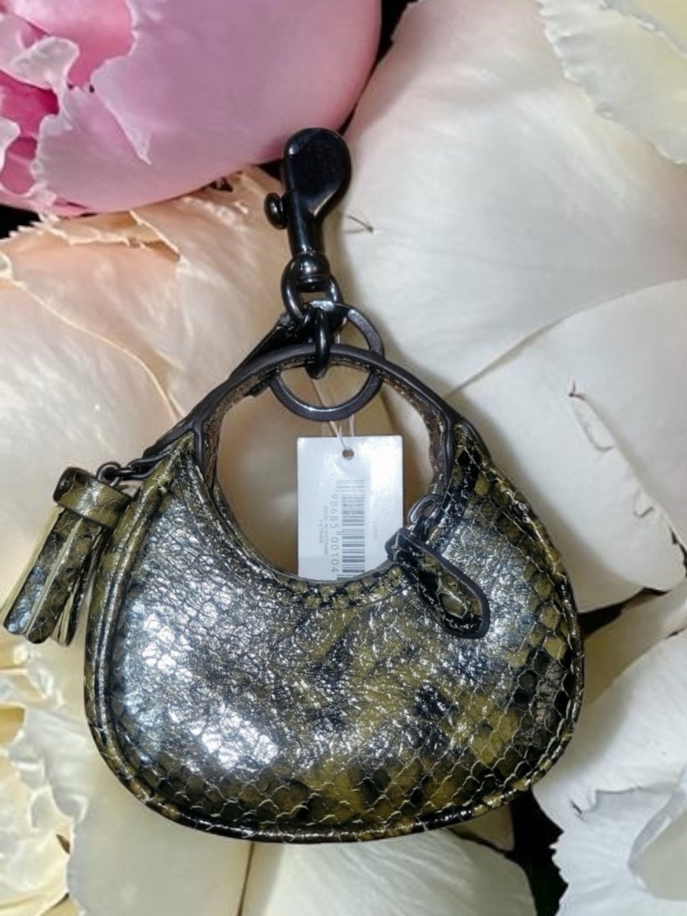 Coach, Carmen snake skin mini bag charm key ring keychain with tassel NWT - Picture 8 of 11